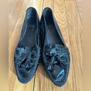 Stuart Weitzman Black Patent Leather Moccasin Tasseled Driving Loafers 8M